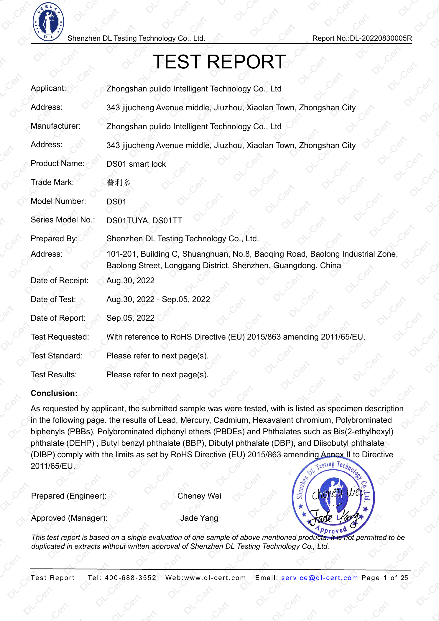 English RoHS test report for selected DS01 smart lock models