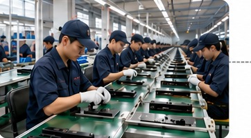 Smart lock production workers at factory workstations